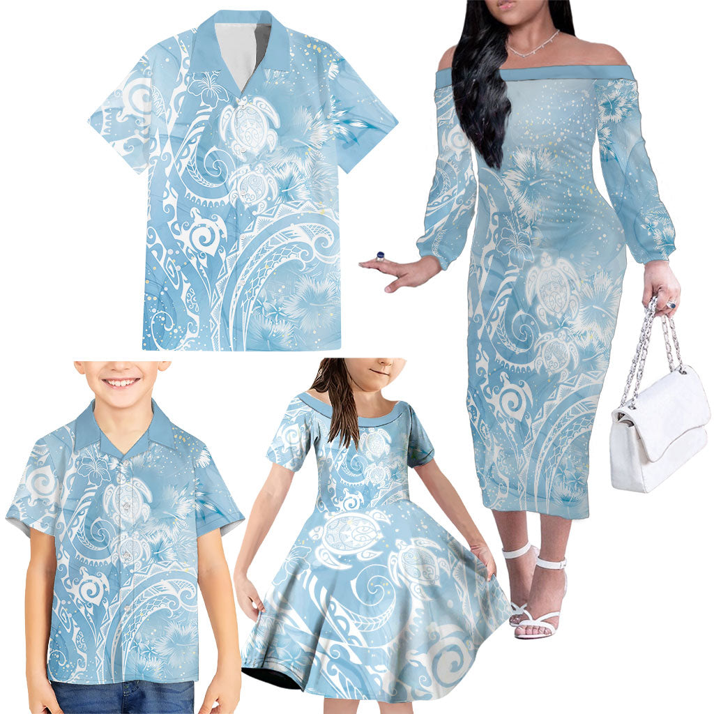 Aloha Hawaii Turtles Floral Family Matching Off The Shoulder Long Sleeve Dress and Hawaiian Shirt Aqua Marbles Glaze LT7 - Polynesian Pride