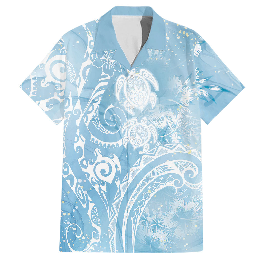 Aloha Hawaii Turtles Floral Family Matching Off The Shoulder Long Sleeve Dress and Hawaiian Shirt Aqua Marbles Glaze
