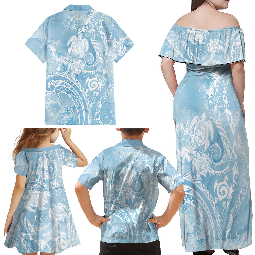 Aloha Hawaii Turtles Floral Family Matching Off Shoulder Maxi Dress and Hawaiian Shirt Aqua Marbles Glaze