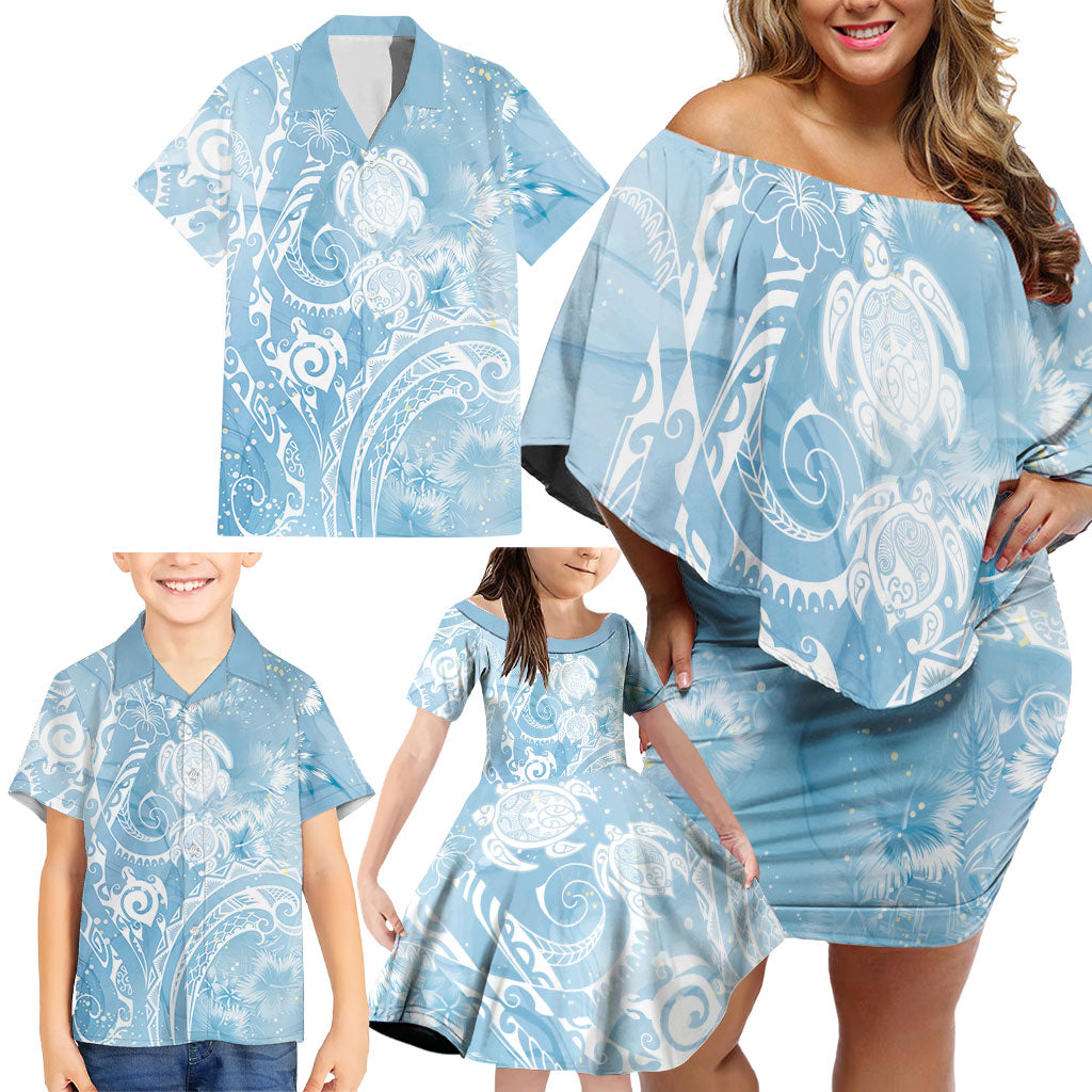 Aloha Hawaii Turtles Floral Family Matching Off Shoulder Short Dress and Hawaiian Shirt Aqua Marbles Glaze