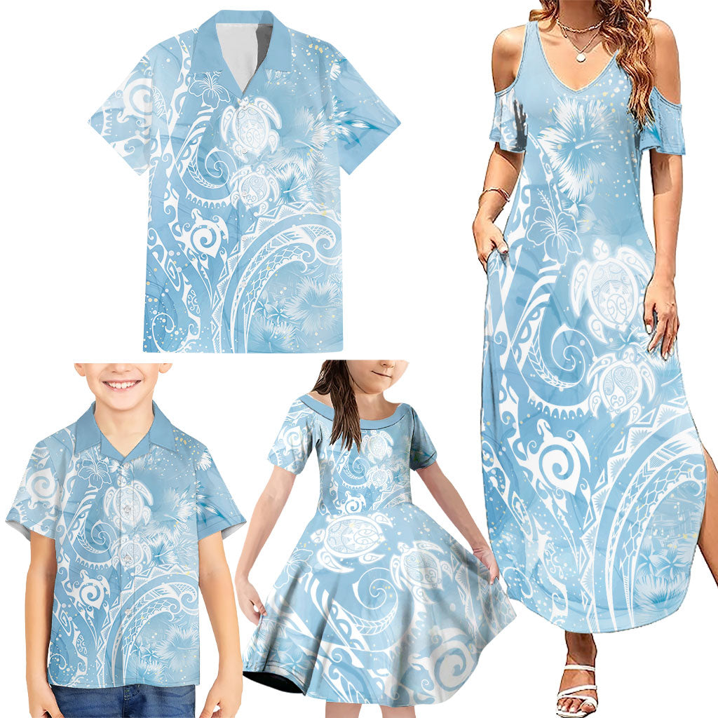 Aloha Hawaii Turtles Floral Family Matching Summer Maxi Dress and Hawaiian Shirt Aqua Marbles Glaze LT7 - Polynesian Pride