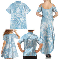 Aloha Hawaii Turtles Floral Family Matching Summer Maxi Dress and Hawaiian Shirt Aqua Marbles Glaze