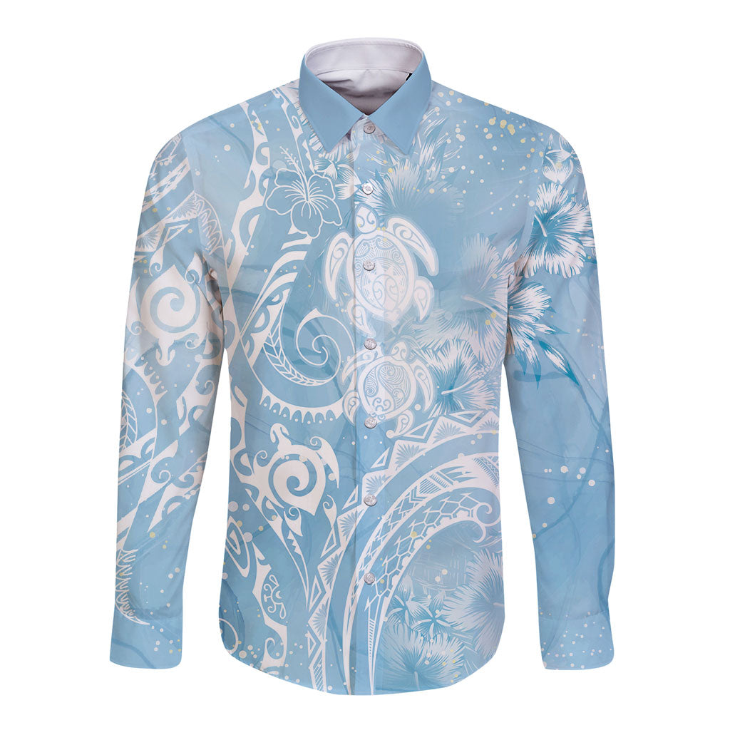Aloha Hawaii Turtles Floral Long Sleeve Button Shirt Aqua Marbles Glaze LT7 Unisex Aqua - Polynesian Pride