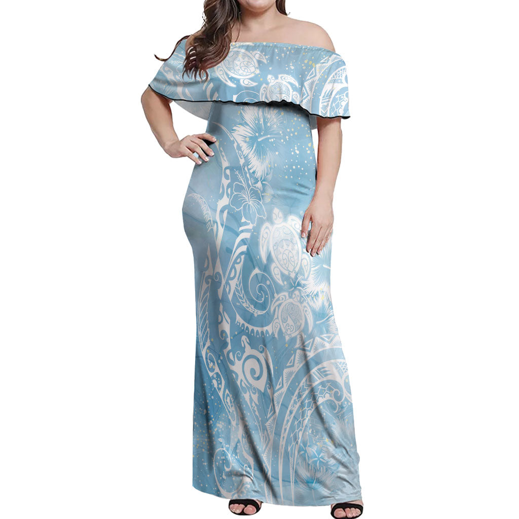 Aloha Hawaii Turtles Floral Off Shoulder Maxi Dress Aqua Marbles Glaze LT7 Women Aqua - Polynesian Pride