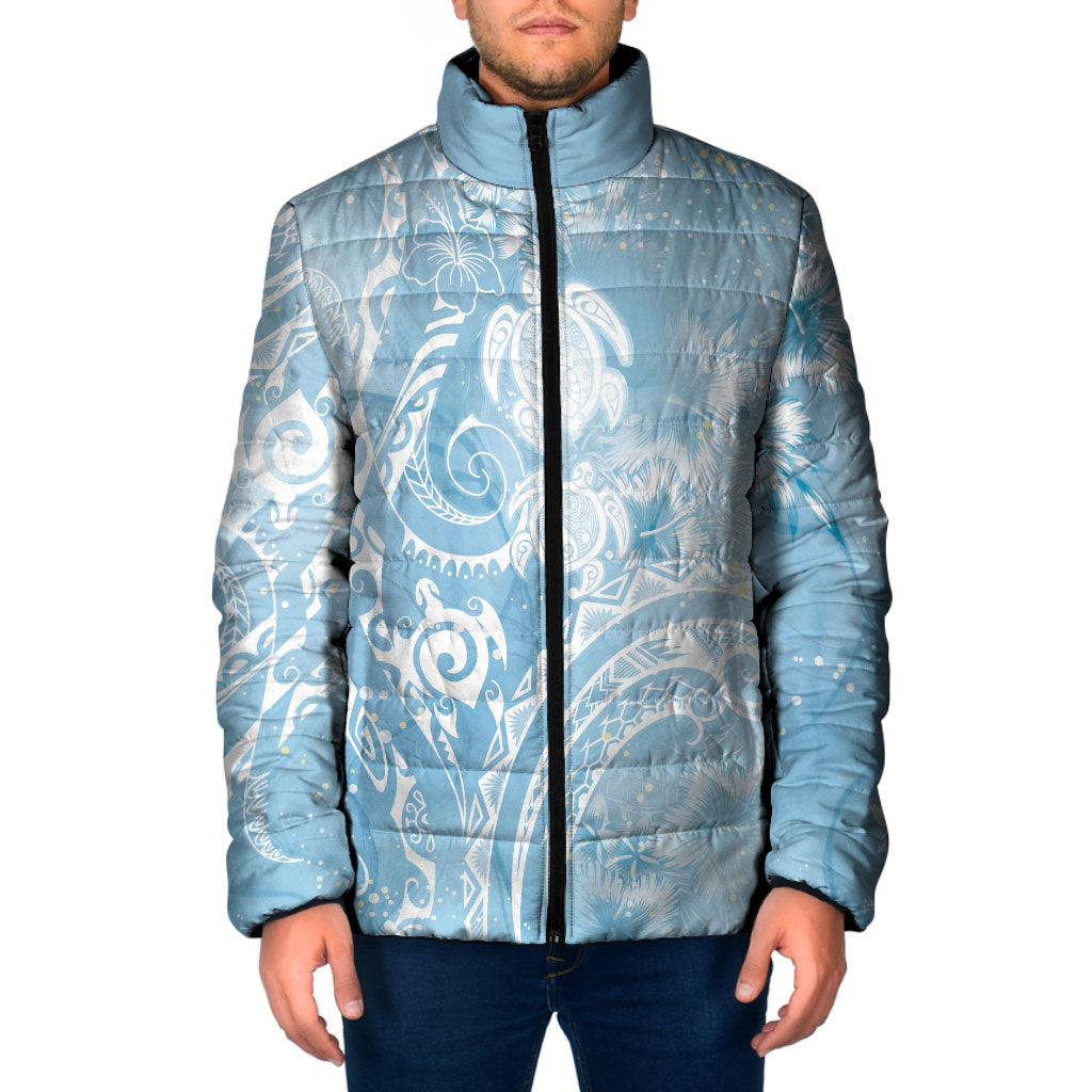 Aloha Hawaii Turtles Floral Padded Jacket Aqua Marbles Glaze LT7 Men Aqua - Polynesian Pride