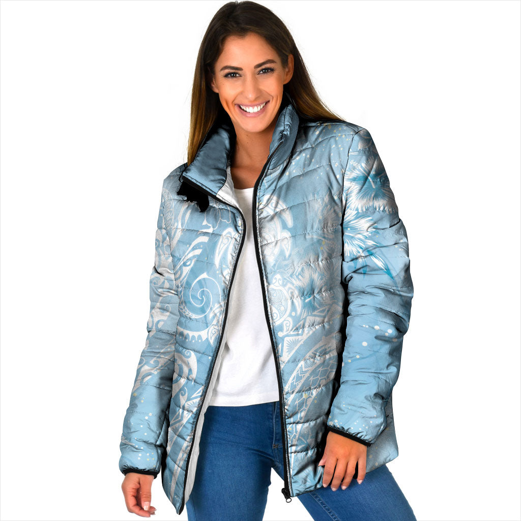 Aloha Hawaii Turtles Floral Padded Jacket Aqua Marbles Glaze