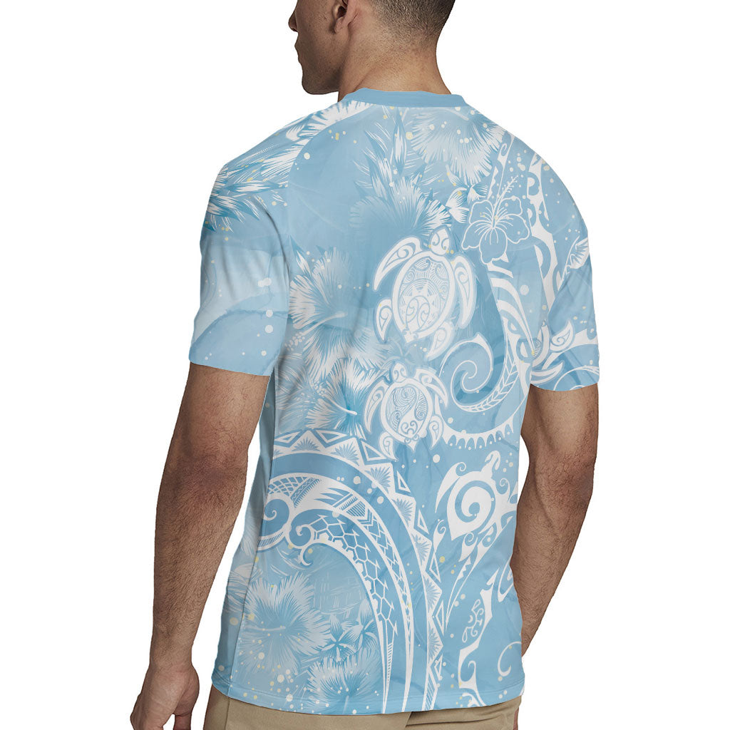 Aloha Hawaii Turtles Floral Rugby Jersey Aqua Marbles Glaze