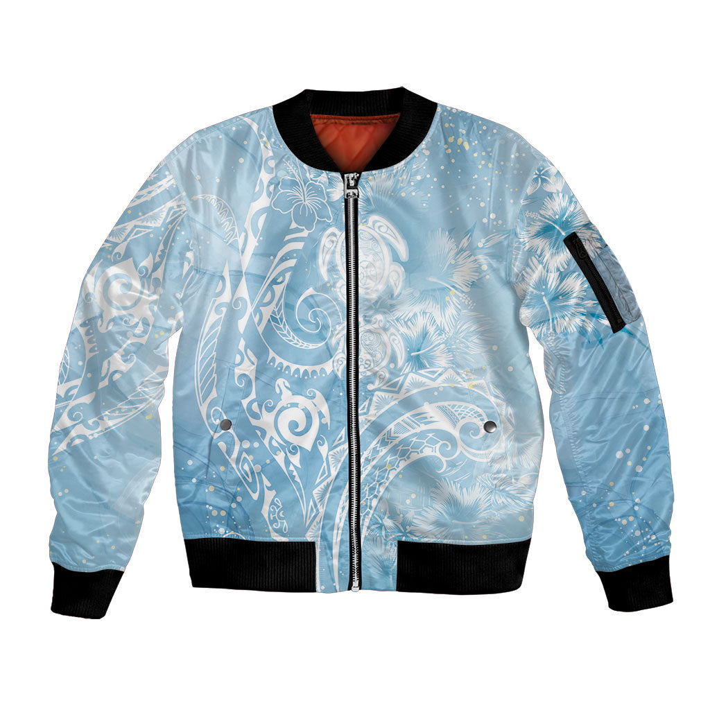 Aloha Hawaii Turtles Floral Sleeve Zip Bomber Jacket Aqua Marbles Glaze LT7 Unisex Aqua - Polynesian Pride