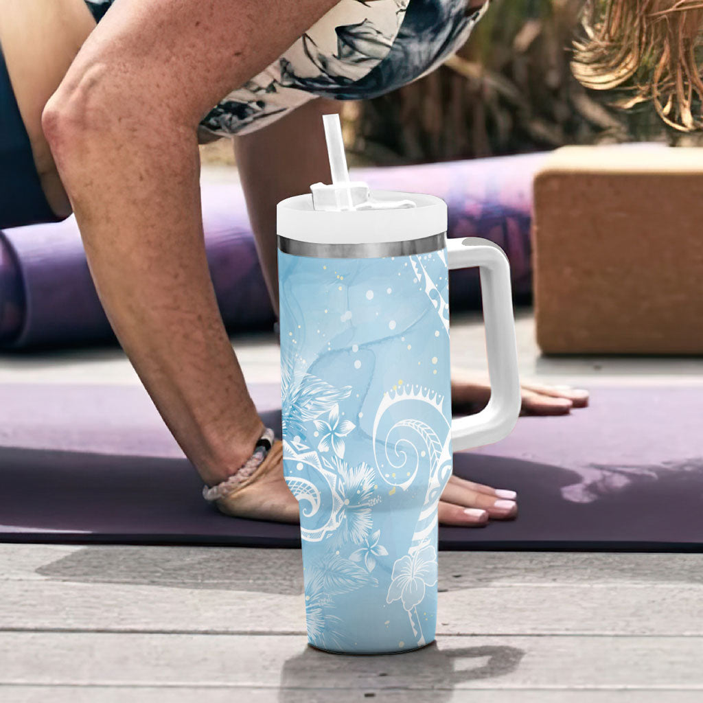 Aloha Hawaii Turtles Floral Tumbler With Handle Aqua Marbles Glaze