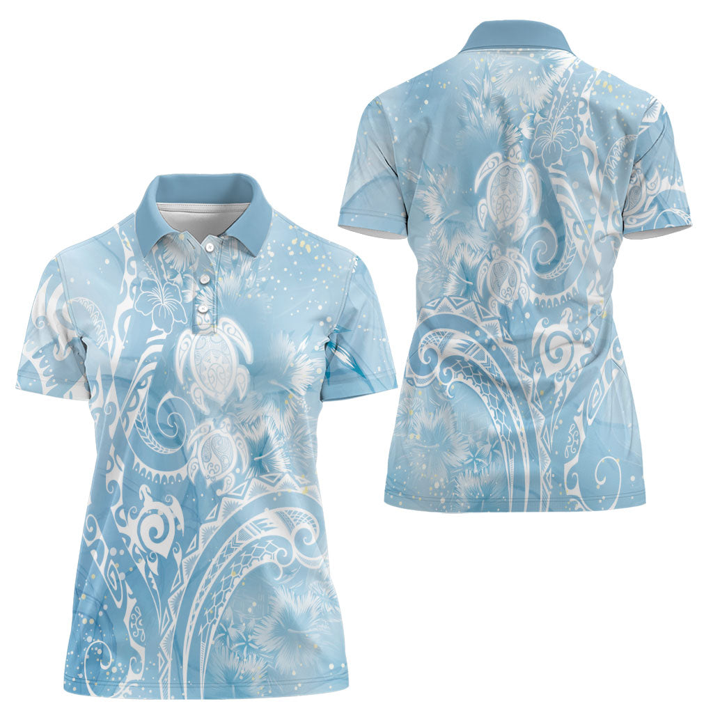 Aloha Hawaii Turtles Floral Women Polo Shirt Aqua Marbles Glaze