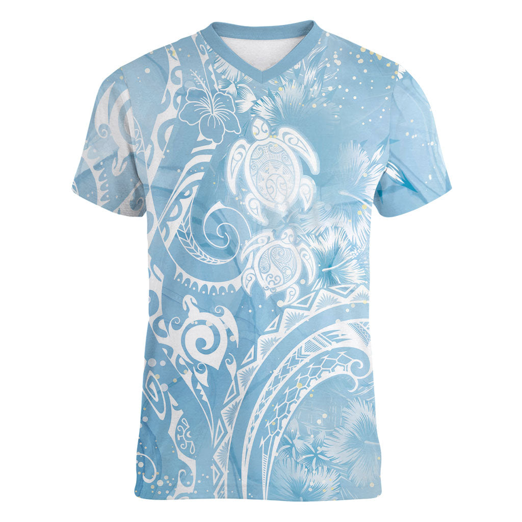 Aloha Hawaii Turtles Floral Women V-Neck T-Shirt Aqua Marbles Glaze
