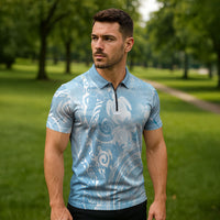 Aloha Hawaii Turtles Floral Zipper Polo Shirt Aqua Marbles Glaze