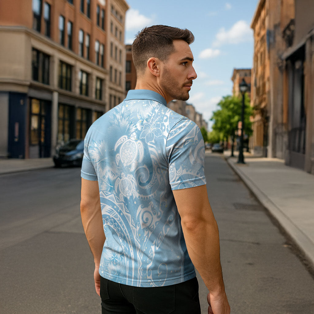 Aloha Hawaii Turtles Floral Zipper Polo Shirt Aqua Marbles Glaze