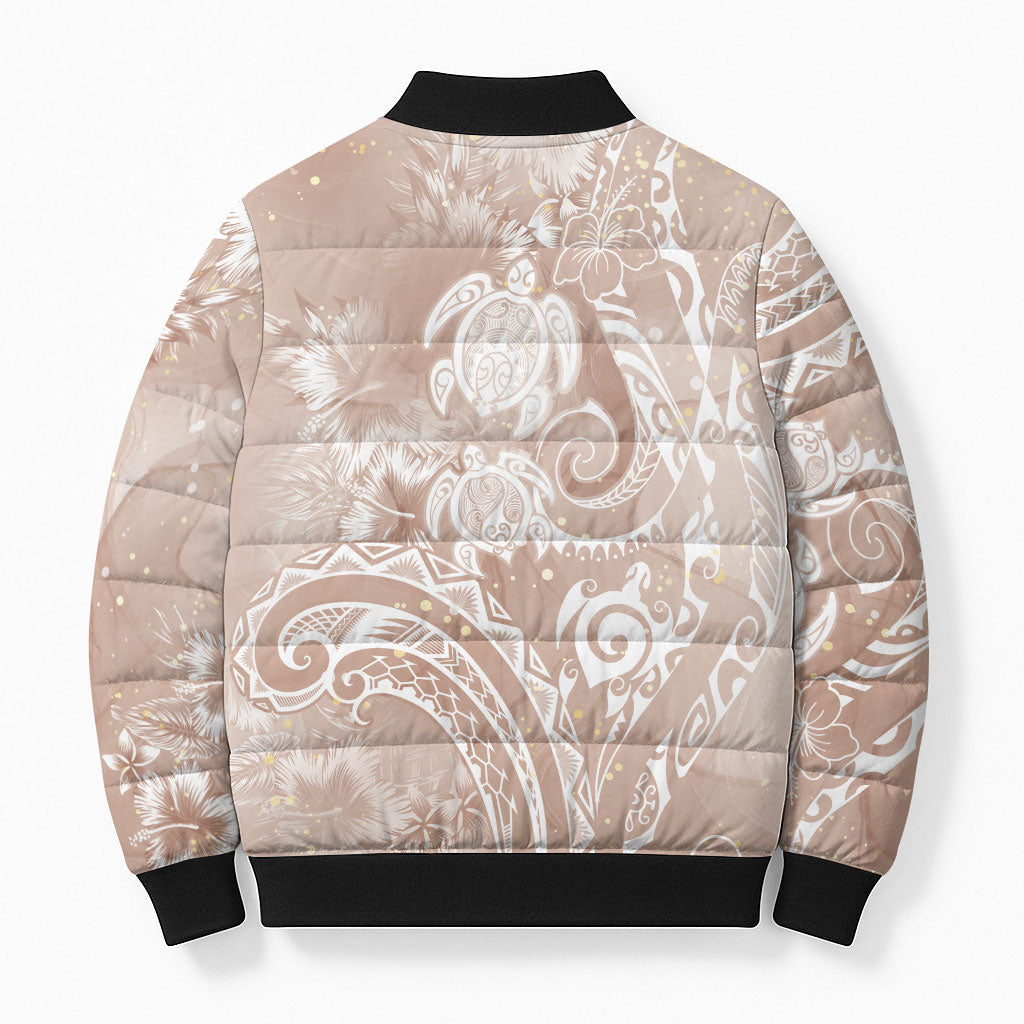 Aloha Hawaii Turtles Floral Bomber Puffer Jacket Taupe Marbles Glaze