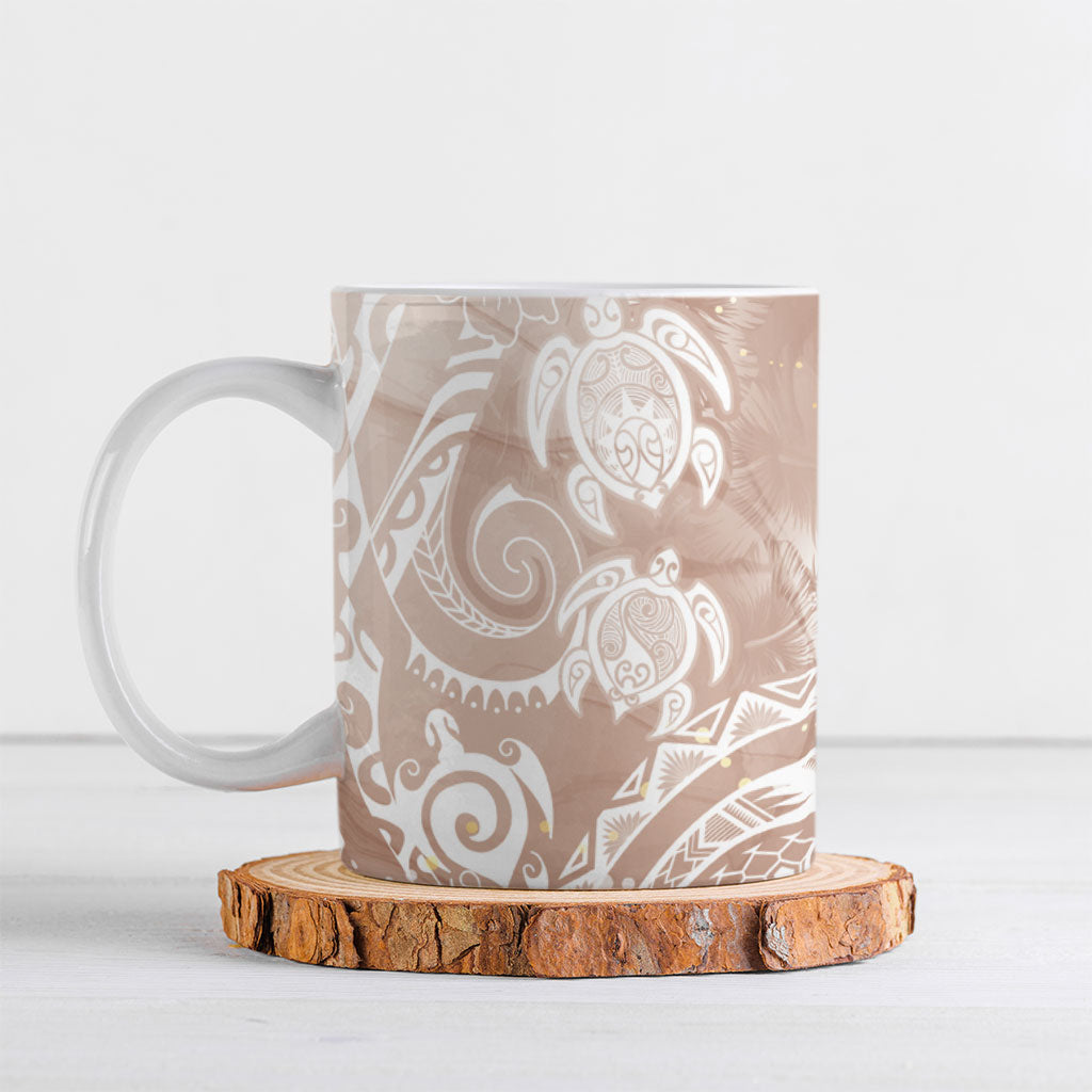 Aloha Hawaii Turtles Floral Ceramic Mug Taupe Marbles Glaze