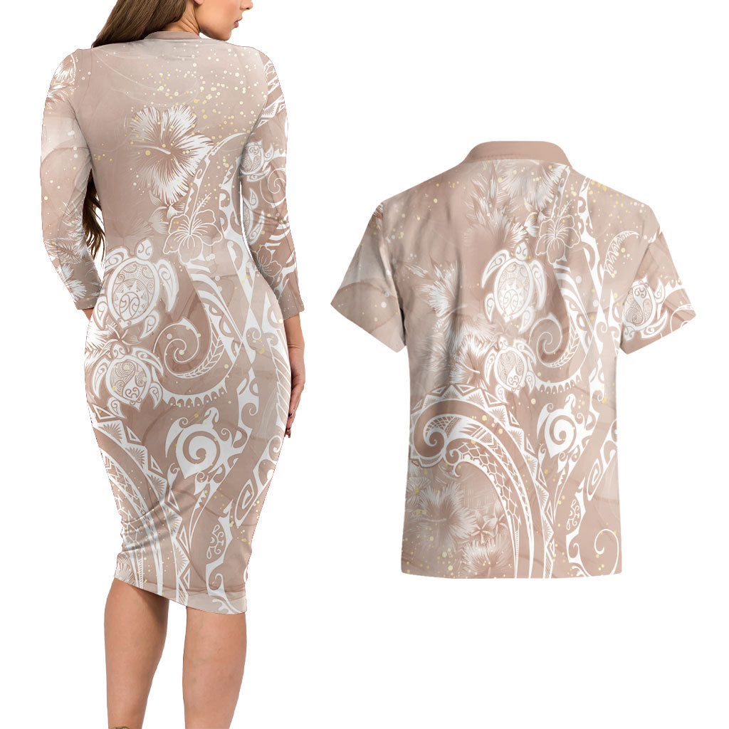Aloha Hawaii Turtles Floral Couples Matching Long Sleeve Bodycon Dress and Hawaiian Shirt Taupe Marbles Glaze