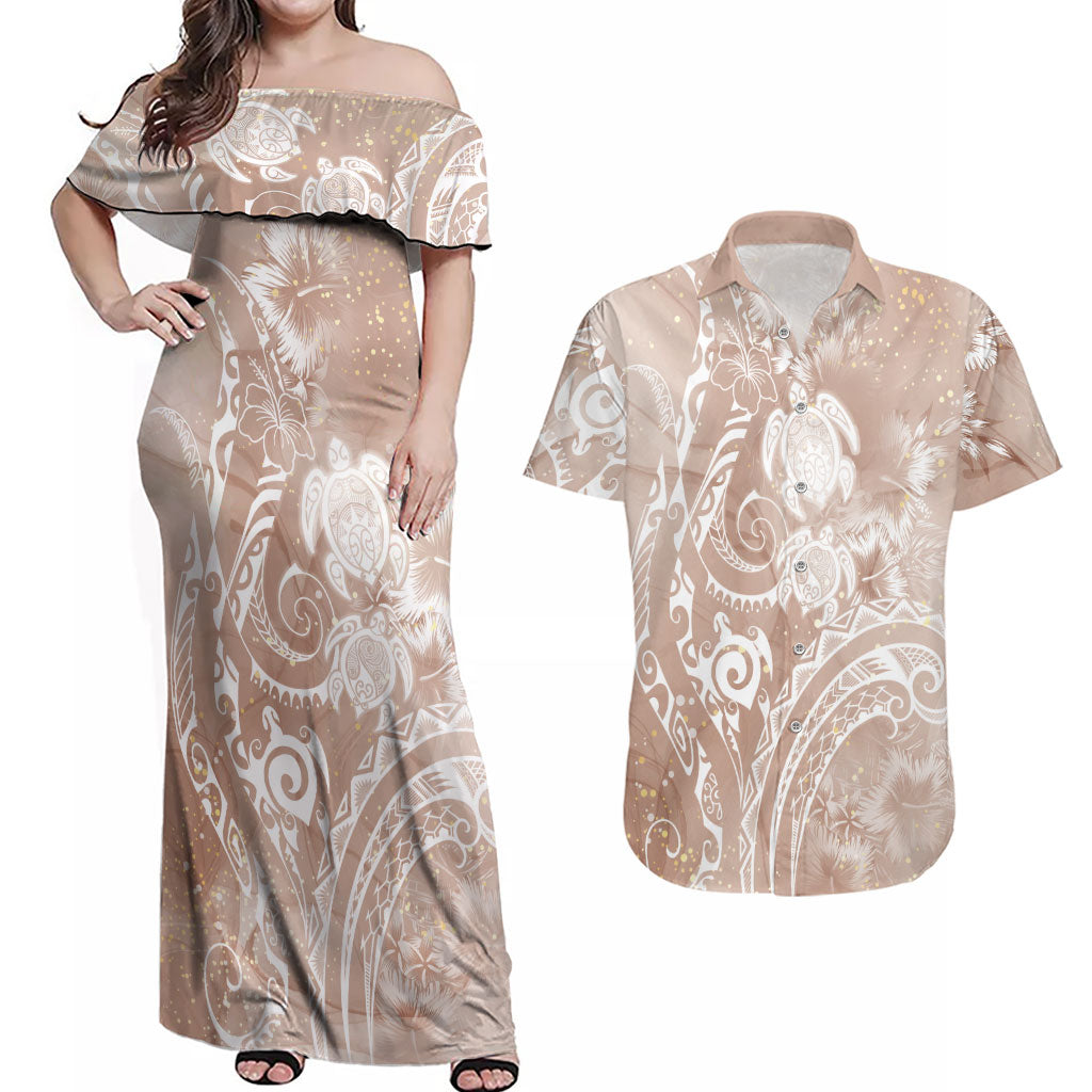 Aloha Hawaii Turtles Floral Couples Matching Off Shoulder Maxi Dress and Hawaiian Shirt Taupe Marbles Glaze