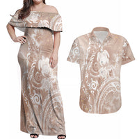 Aloha Hawaii Turtles Floral Couples Matching Off Shoulder Maxi Dress and Hawaiian Shirt Taupe Marbles Glaze