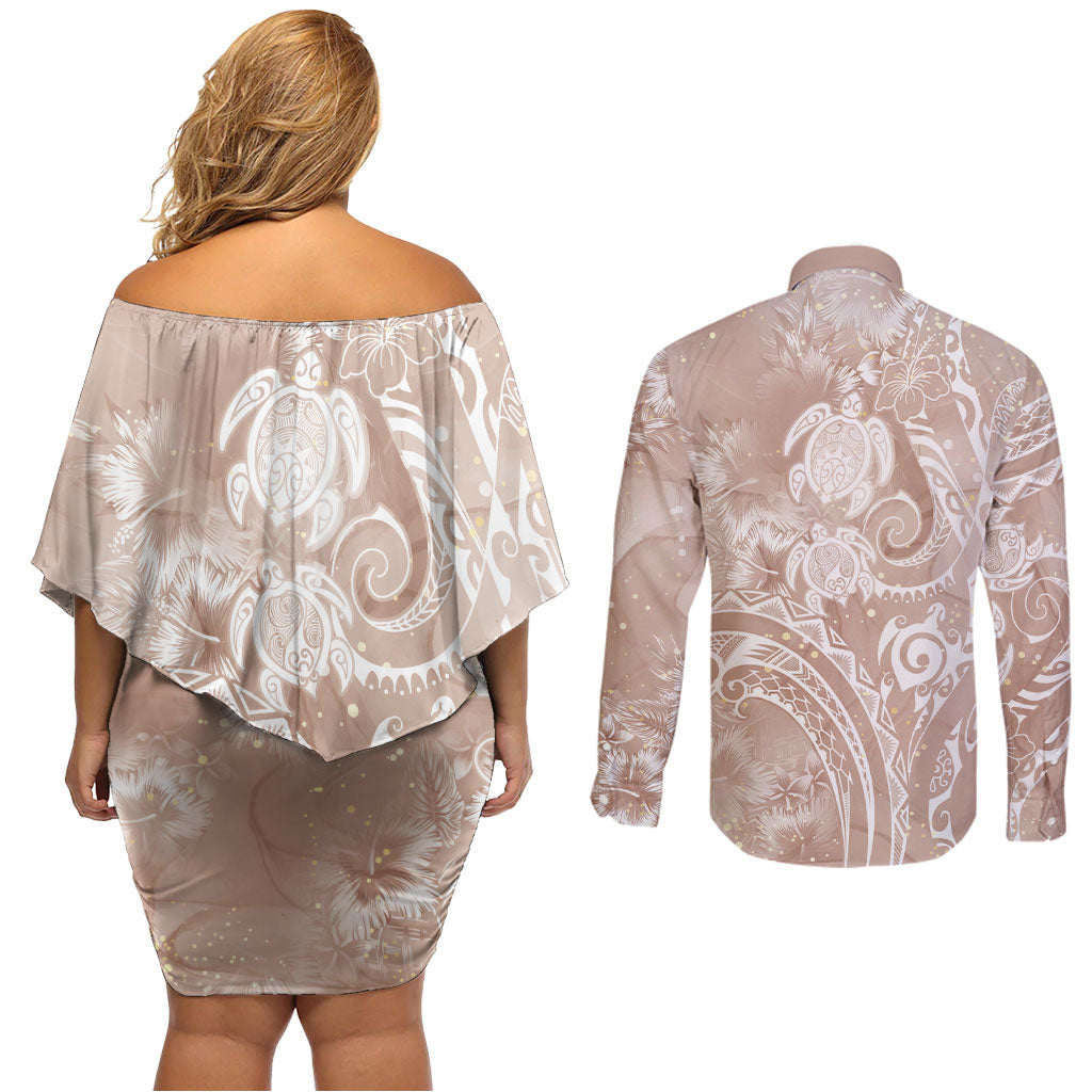 Aloha Hawaii Turtles Floral Couples Matching Off Shoulder Short Dress and Long Sleeve Button Shirt Taupe Marbles Glaze
