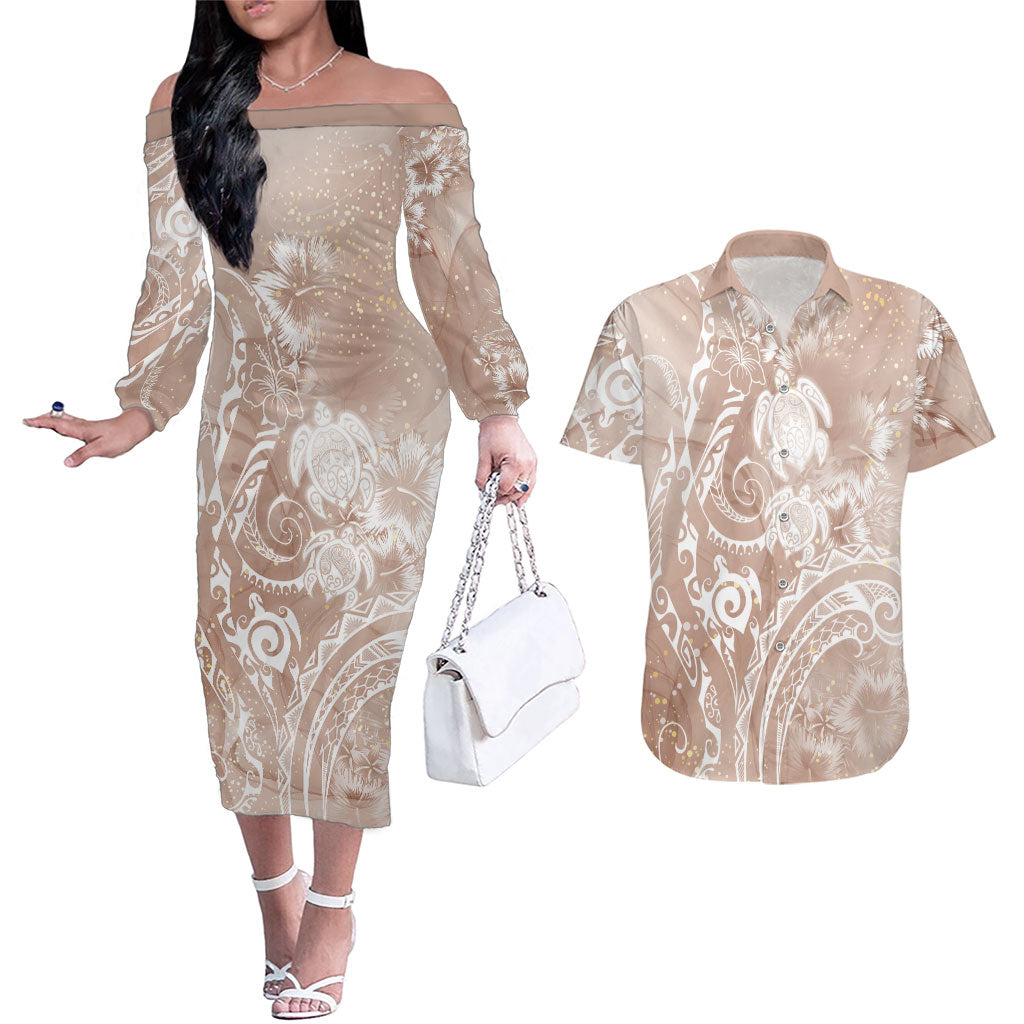 Aloha Hawaii Turtles Floral Couples Matching Off The Shoulder Long Sleeve Dress and Hawaiian Shirt Taupe Marbles Glaze