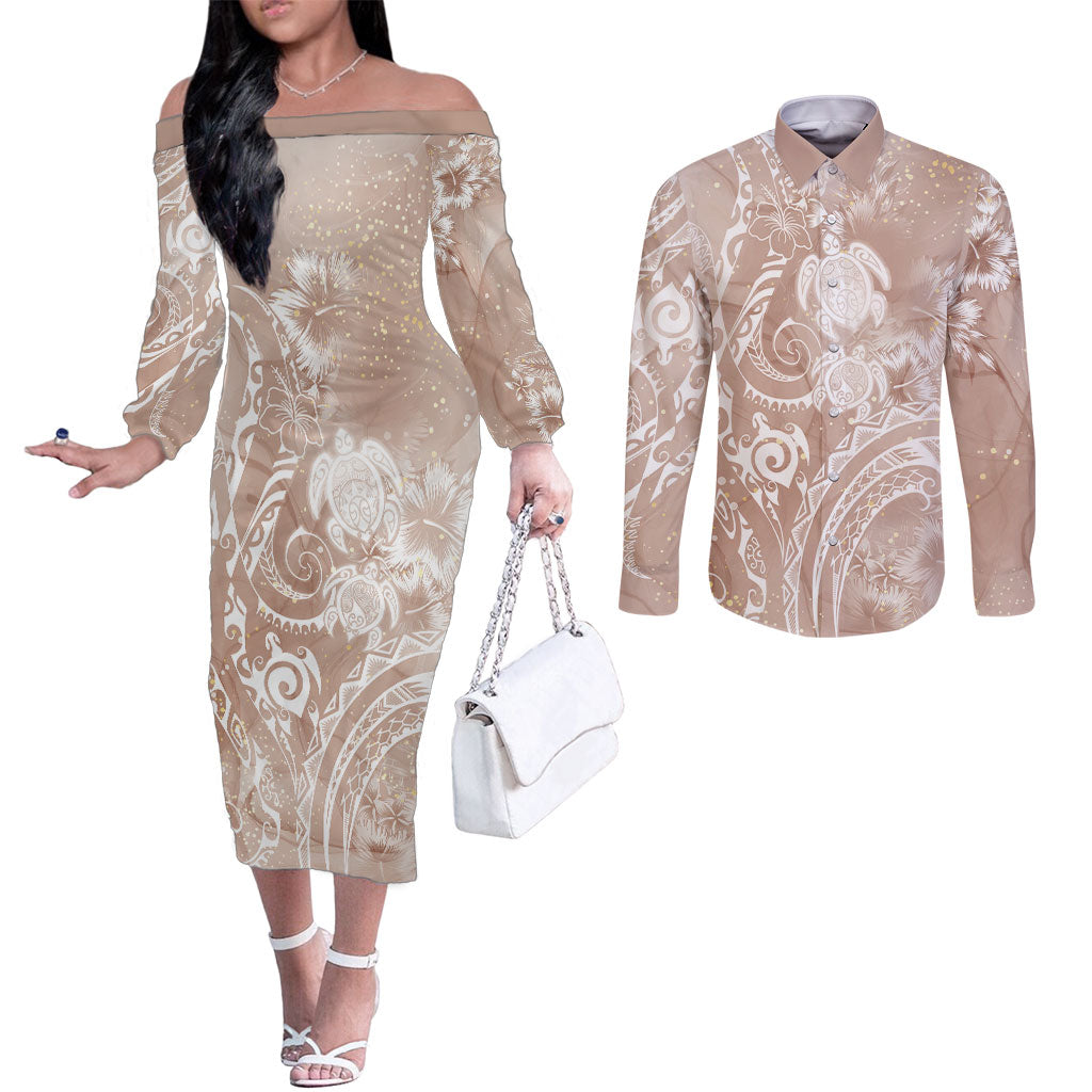 Aloha Hawaii Turtles Floral Couples Matching Off The Shoulder Long Sleeve Dress and Long Sleeve Button Shirt Taupe Marbles Glaze