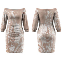 Aloha Hawaii Turtles Floral Couples Matching Off The Shoulder Long Sleeve Dress and Long Sleeve Button Shirt Taupe Marbles Glaze LT7 - Polynesian Pride