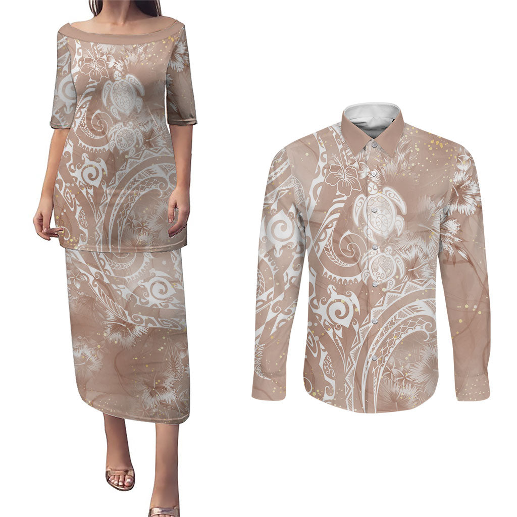 Aloha Hawaii Turtles Floral Couples Matching Puletasi and Long Sleeve Button Shirt Taupe Marbles Glaze