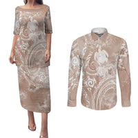 Aloha Hawaii Turtles Floral Couples Matching Puletasi and Long Sleeve Button Shirt Taupe Marbles Glaze