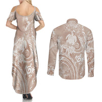 Aloha Hawaii Turtles Floral Couples Matching Summer Maxi Dress and Long Sleeve Button Shirt Taupe Marbles Glaze