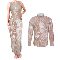 Aloha Hawaii Turtles Floral Couples Matching Tank Maxi Dress and Long Sleeve Button Shirt Taupe Marbles Glaze