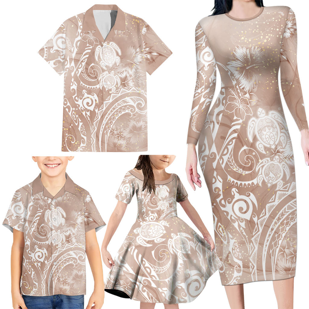 Aloha Hawaii Turtles Floral Family Matching Long Sleeve Bodycon Dress and Hawaiian Shirt Taupe Marbles Glaze LT7 - Polynesian Pride