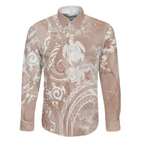 Aloha Hawaii Turtles Floral Family Matching Off The Shoulder Long Sleeve Dress and Hawaiian Shirt Taupe Marbles Glaze