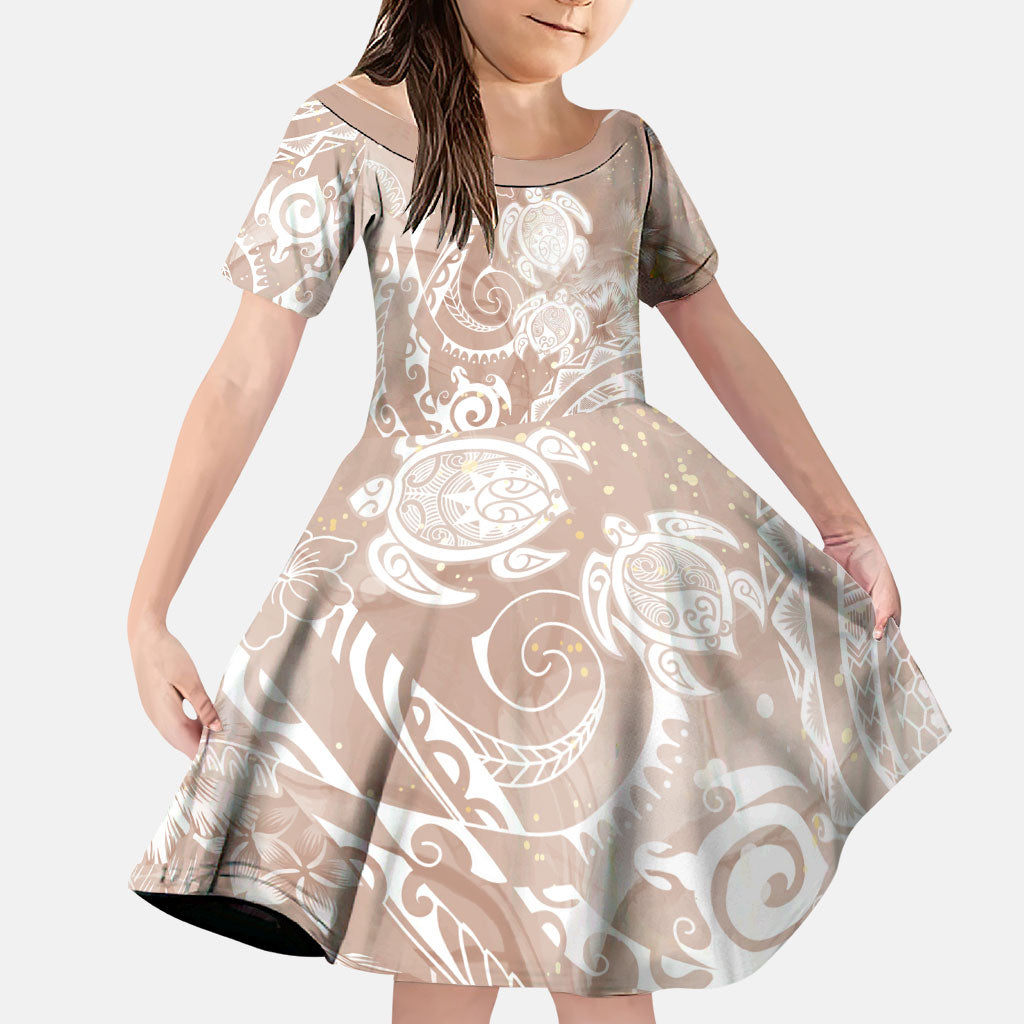 Aloha Hawaii Turtles Floral Family Matching Off Shoulder Short Dress and Hawaiian Shirt Taupe Marbles Glaze