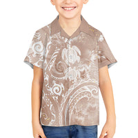 Aloha Hawaii Turtles Floral Family Matching Off Shoulder Short Dress and Hawaiian Shirt Taupe Marbles Glaze