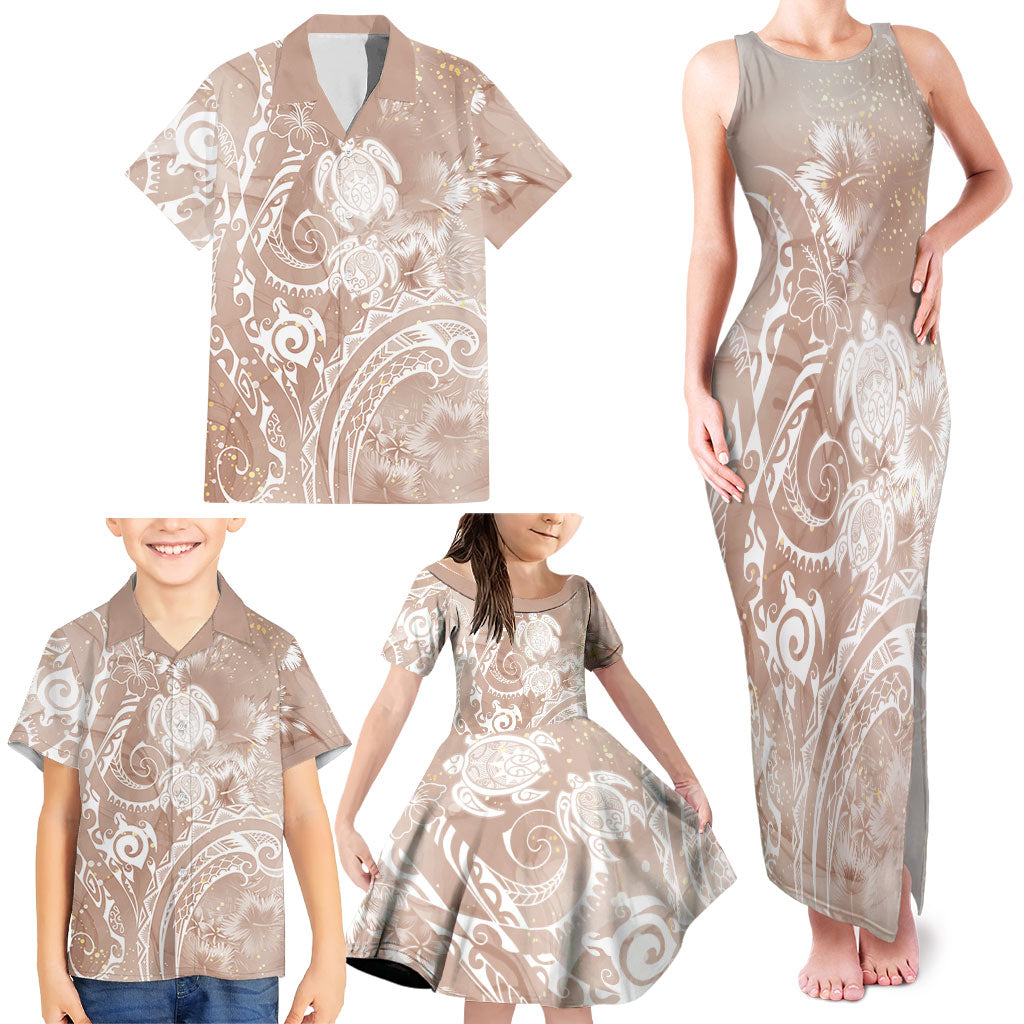Aloha Hawaii Turtles Floral Family Matching Tank Maxi Dress and Hawaiian Shirt Taupe Marbles Glaze LT7 - Polynesian Pride