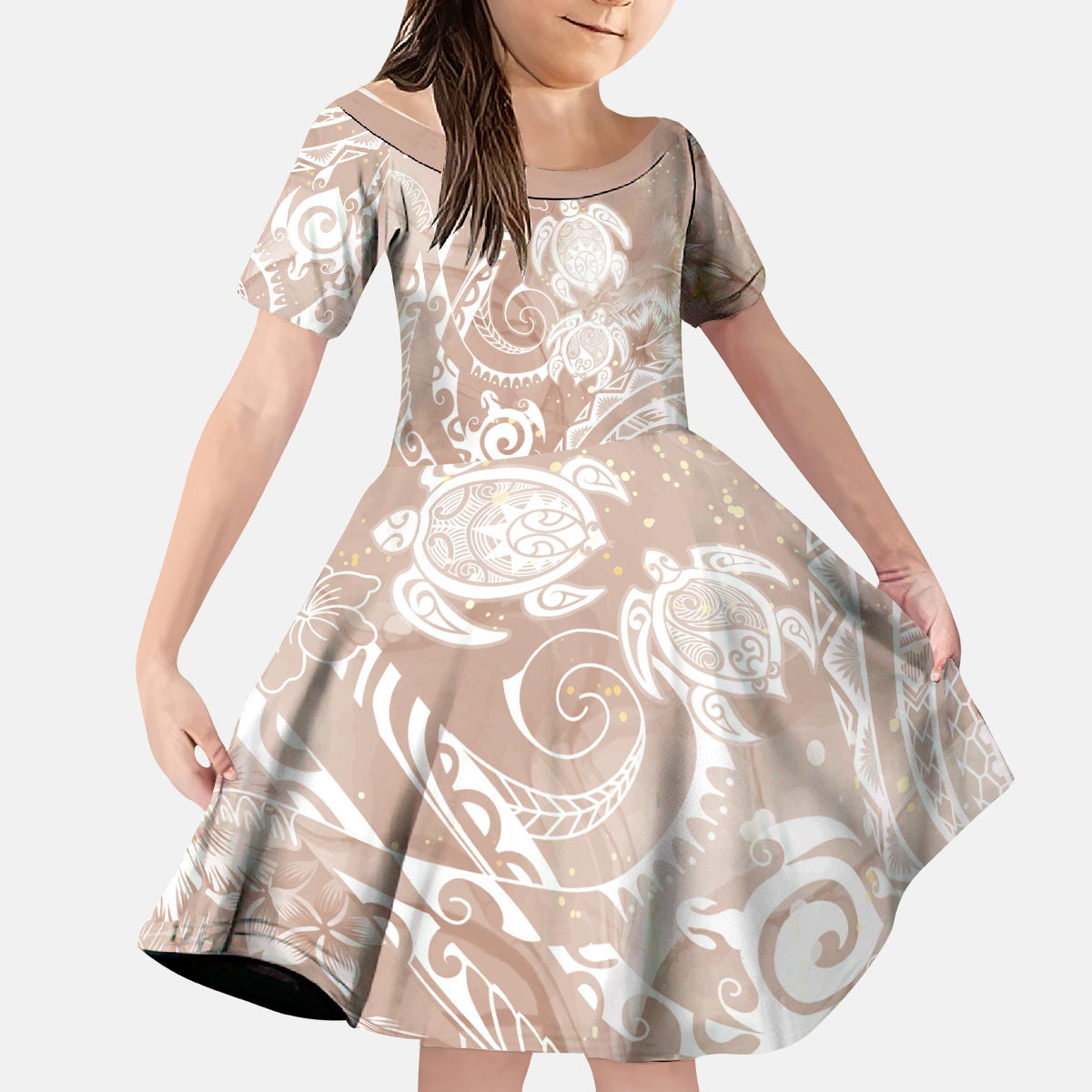 Aloha Hawaii Turtles Floral Kid Short Sleeve Dress Taupe Marbles Glaze