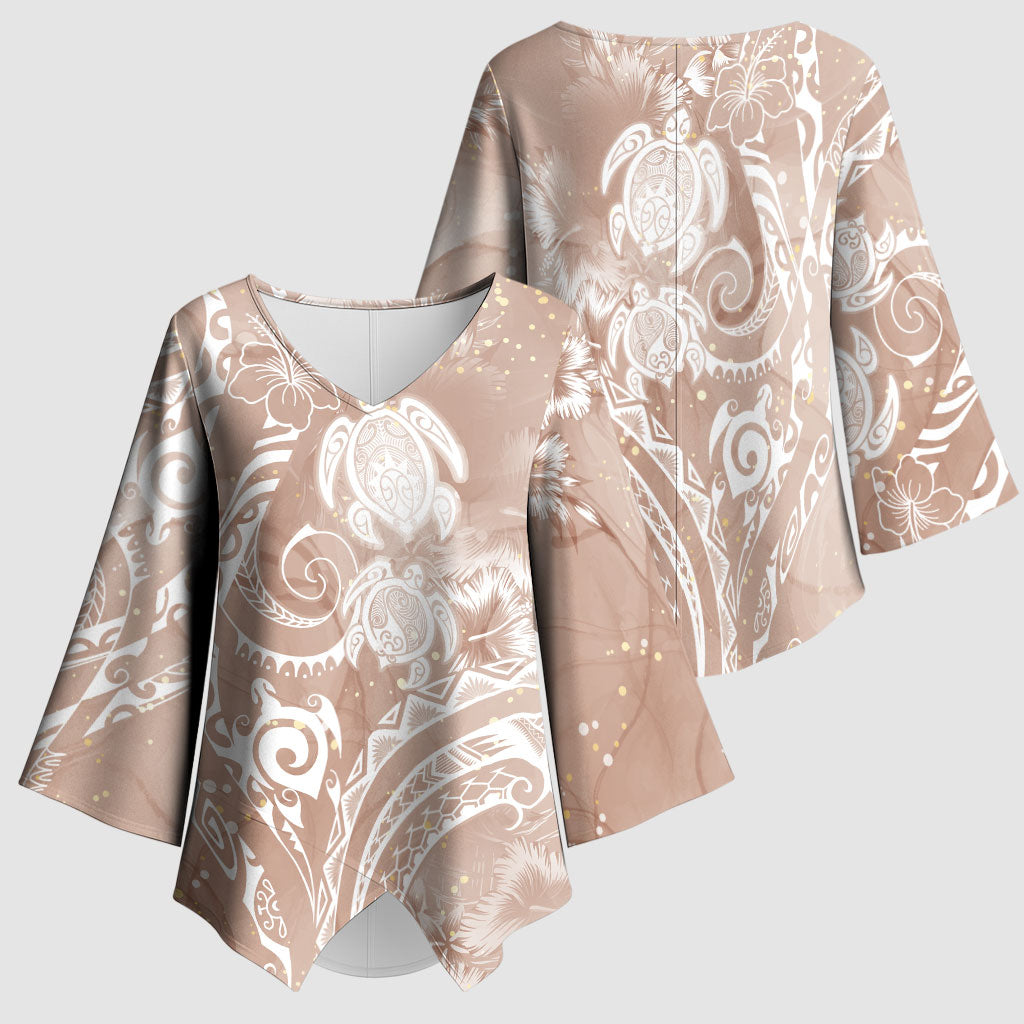 Aloha Hawaii Turtles Floral Kimono Sleeve Blouse Taupe Marbles Glaze