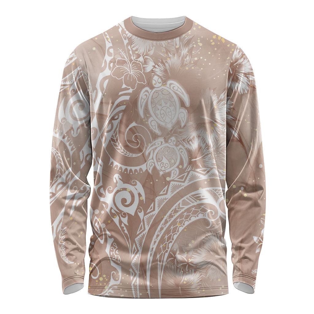 Aloha Hawaii Turtles Floral Long Sleeve Shirt Taupe Marbles Glaze
