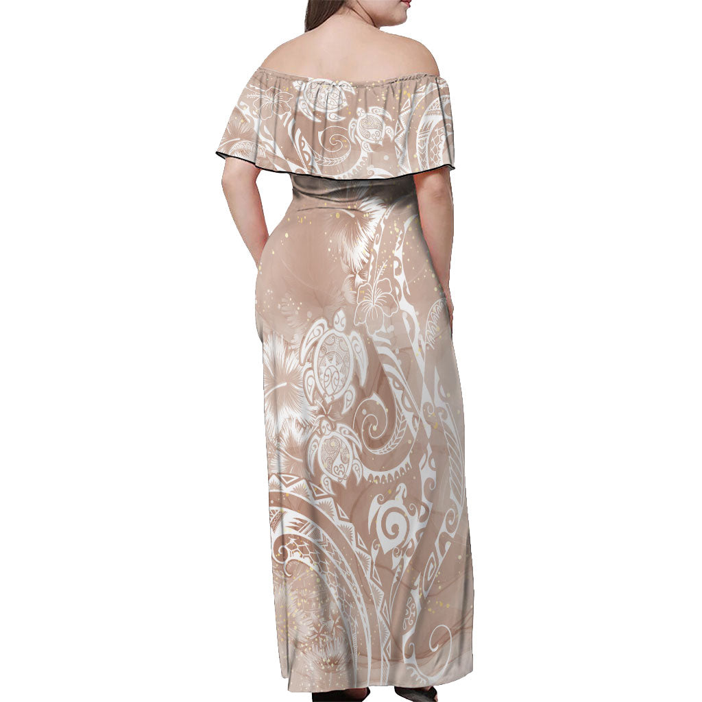 Aloha Hawaii Turtles Floral Off Shoulder Maxi Dress Taupe Marbles Glaze