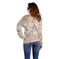 Aloha Hawaii Turtles Floral Off Shoulder Sweater Taupe Marbles Glaze
