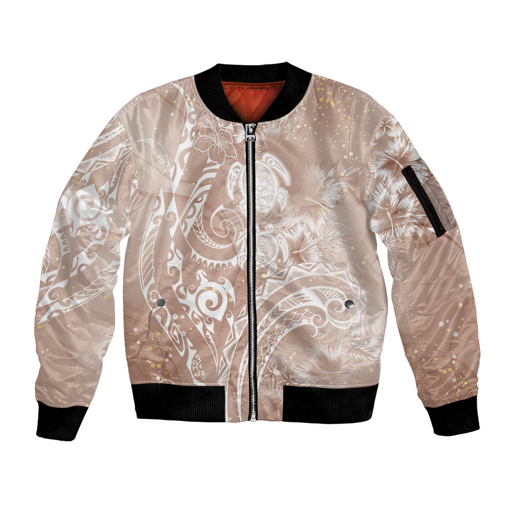 Aloha Hawaii Turtles Floral Sleeve Zip Bomber Jacket Taupe Marbles Glaze