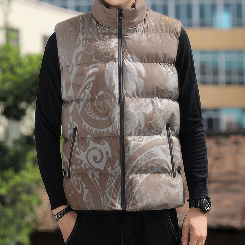 Aloha Hawaii Turtles Floral Sleeveless Puffer Jacket Taupe Marbles Glaze