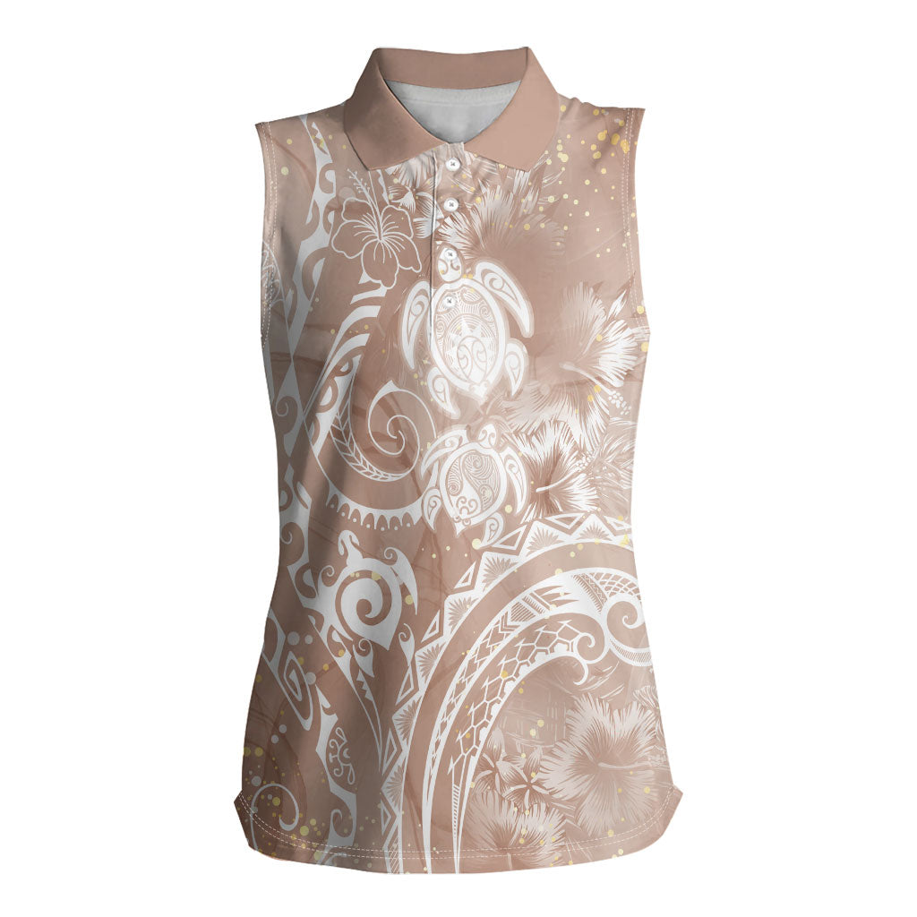 Aloha Hawaii Turtles Floral Women Sleeveless Polo Shirt Taupe Marbles Glaze