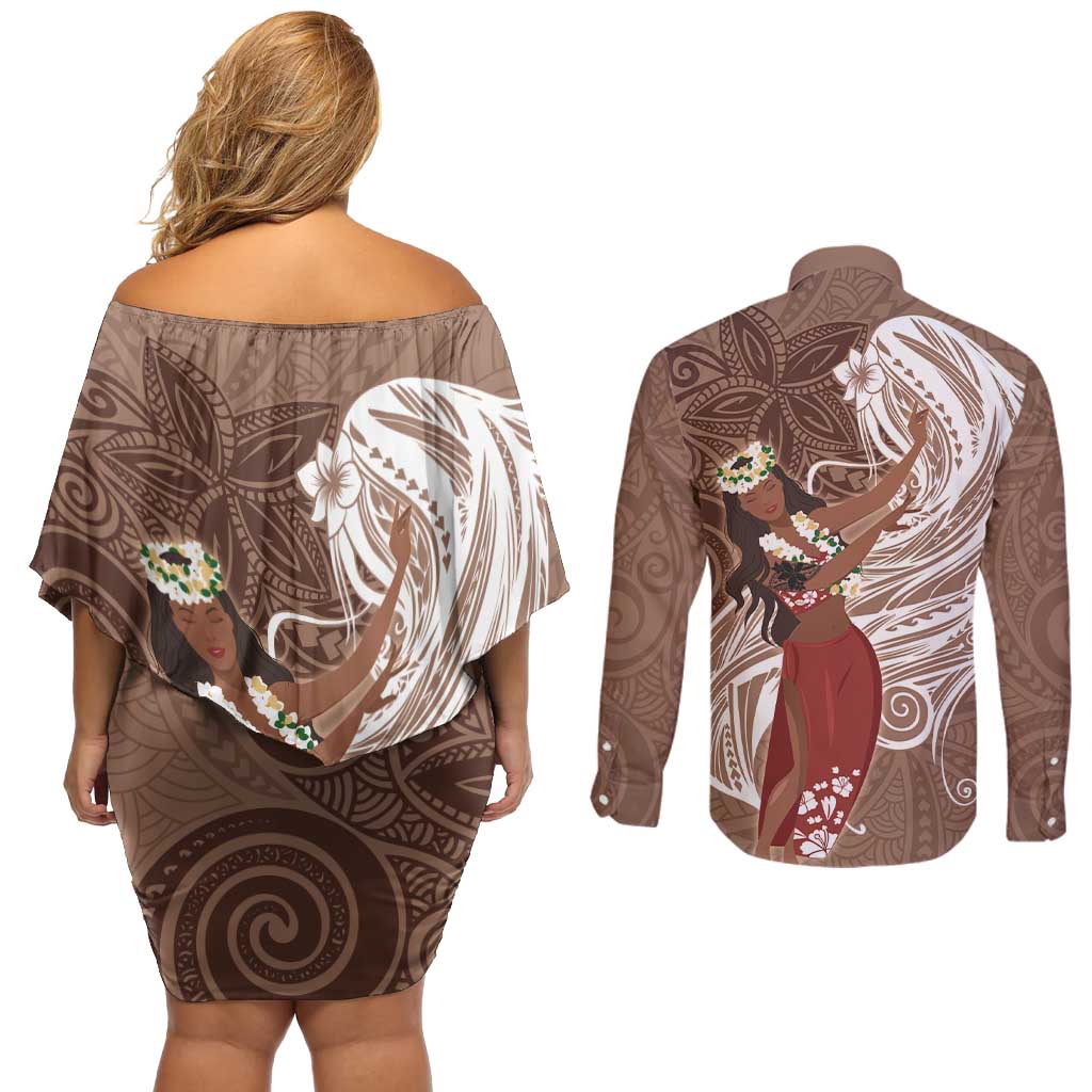 Tahiti Islands Polynesian Plumeria Couples Matching Off Shoulder Short Dress and Long Sleeve Button Shirt Tahitian Vahine 'Ote'a - Beige