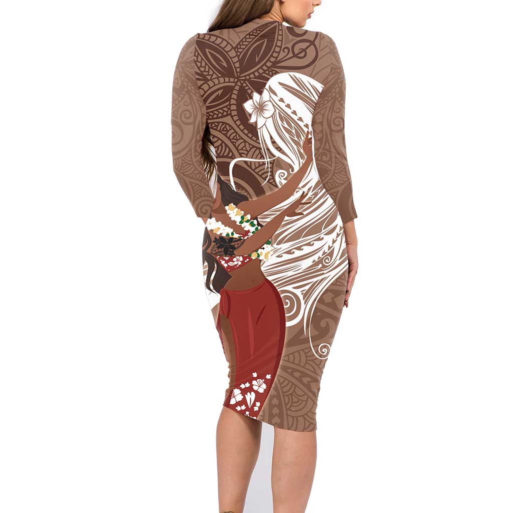 Tahiti Islands Polynesian Plumeria Family Matching Long Sleeve Bodycon Dress and Hawaiian Shirt Tahitian Vahine 'Ote'a - Beige
