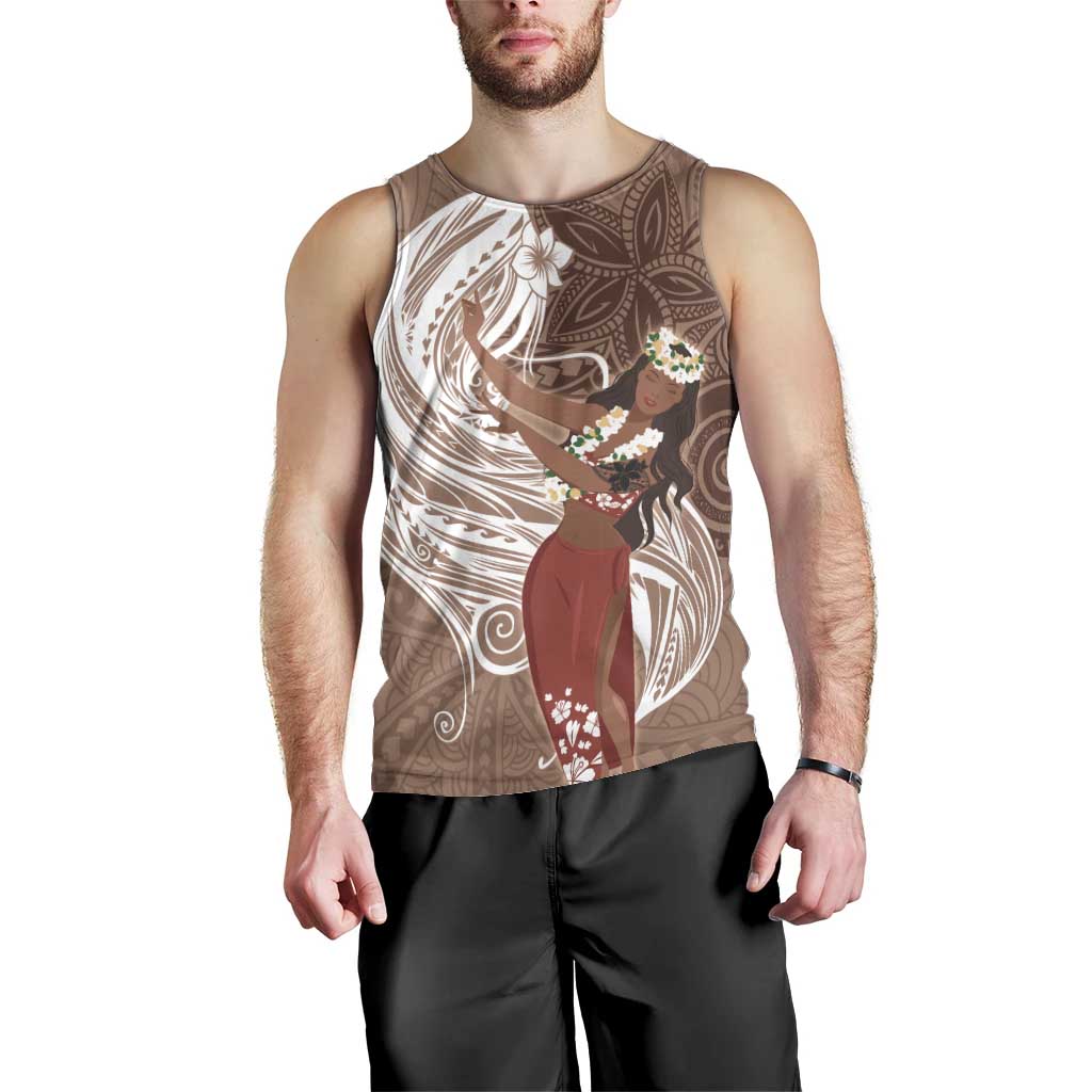Tahiti Islands Polynesian Plumeria Men Tank Top Tahitian Vahine 'Ote'a - Beige