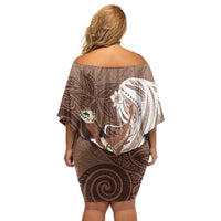 Tahiti Islands Polynesian Plumeria Off Shoulder Short Dress Tahitian Vahine 'Ote'a - Beige