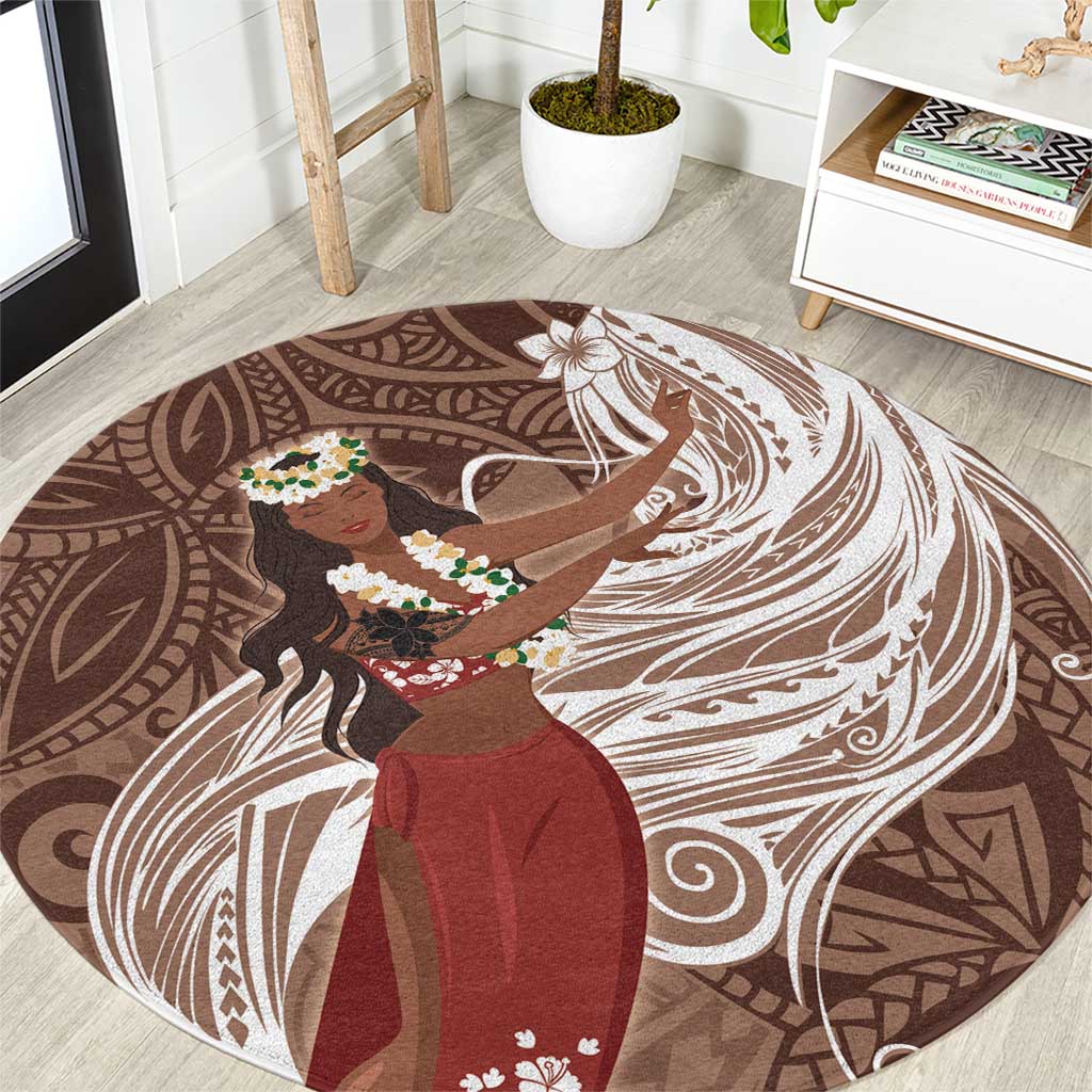 Tahiti Islands Polynesian Plumeria Round Carpet Tahitian Vahine 'Ote'a - Beige