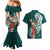 Tahiti Islands Polynesian Plumeria Couples Matching Mermaid Dress and Hawaiian Shirt Tahitian Vahine 'Ote'a - Teal