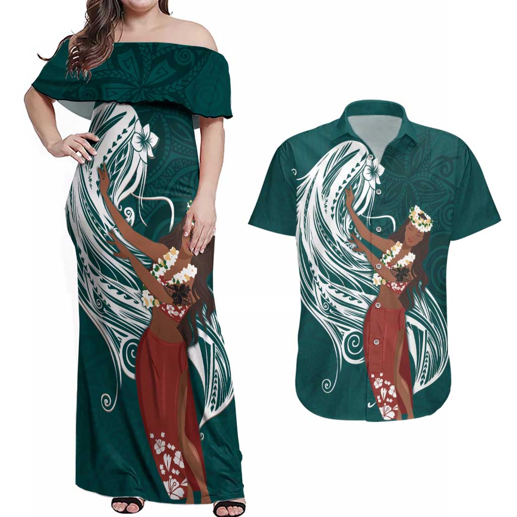 Tahiti Islands Polynesian Plumeria Couples Matching Off Shoulder Maxi Dress and Hawaiian Shirt Tahitian Vahine 'Ote'a - Teal